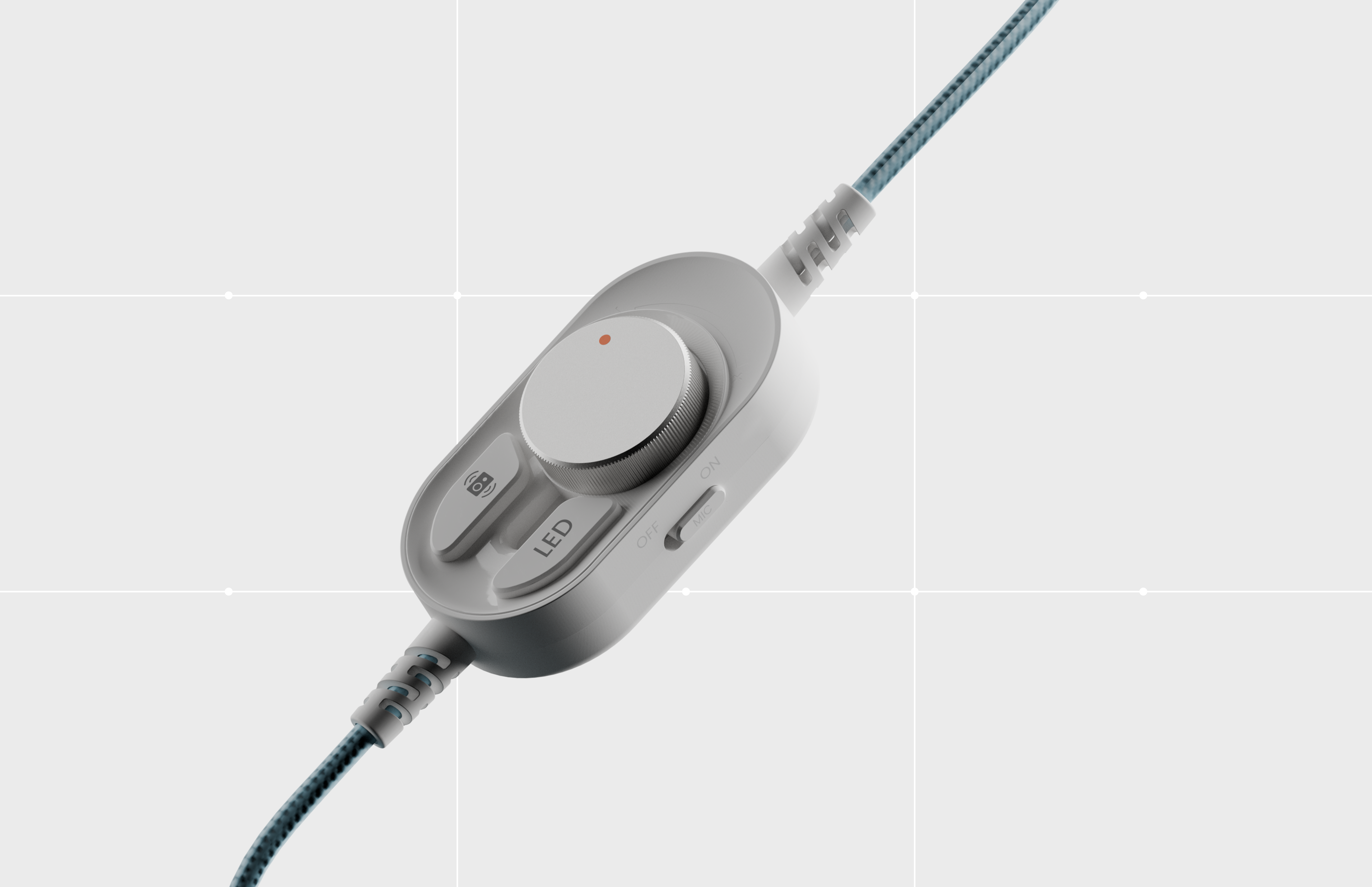Close-up of a wired remote control with LED and mic switch.