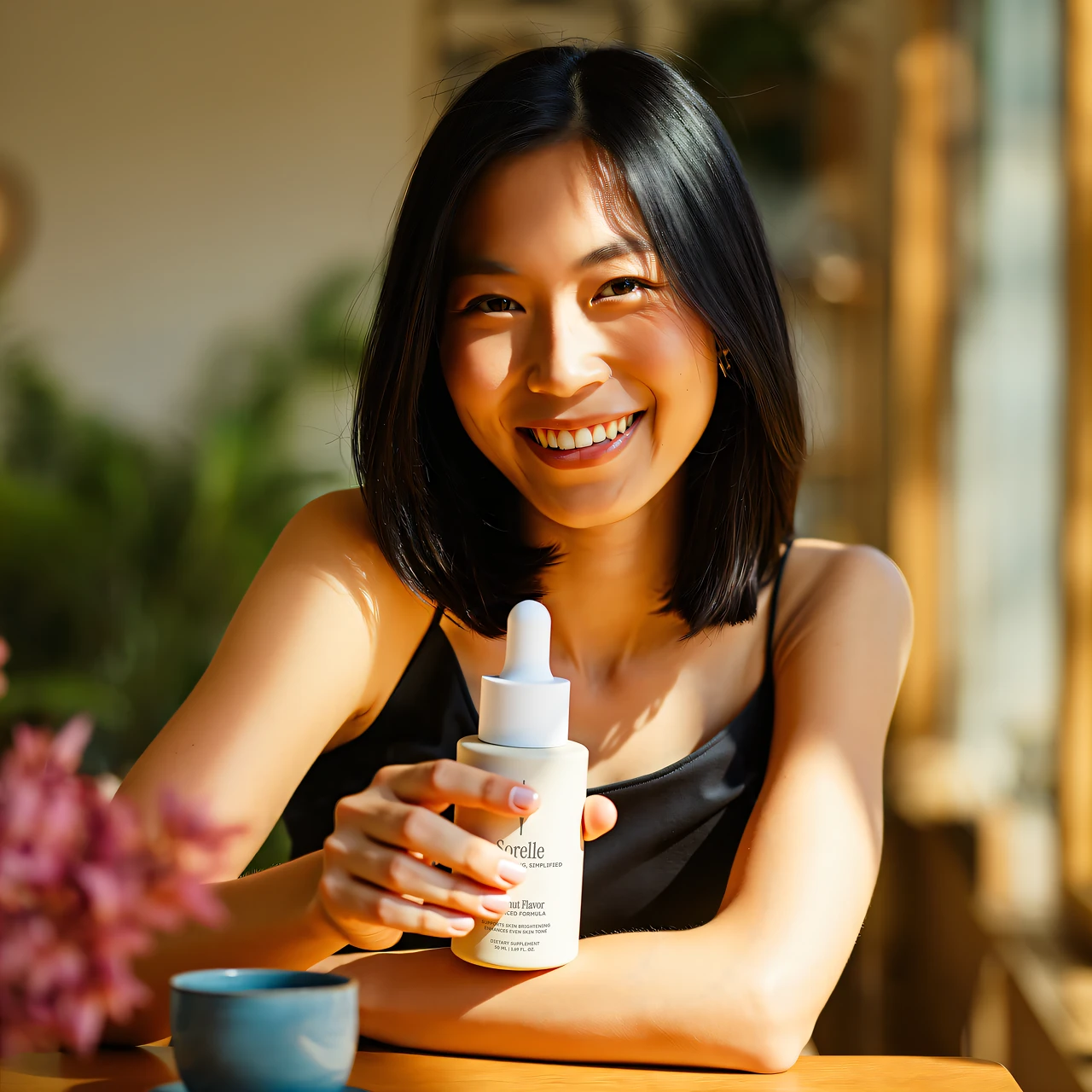 Smiling person holding a skincare product bottle indoors.