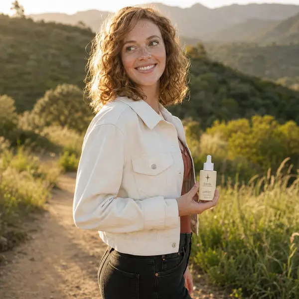A smiling woman with curly hair holds a bottle of skincare product while standing on a path outdoors.
