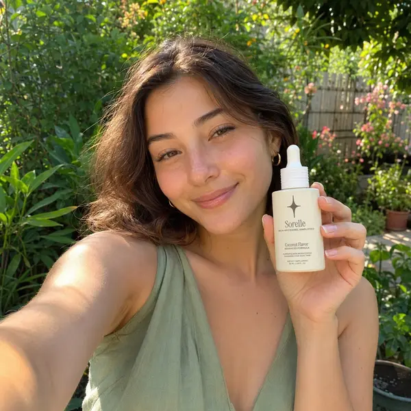 A smiling woman takes a selfie outdoors while holding a bottle of Sorelle serum.