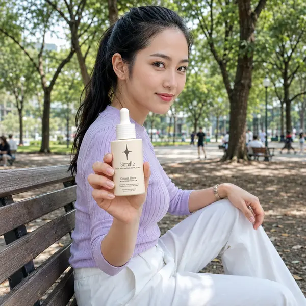 A woman with a ponytail sits on a park bench, holding up a bottle of Sorelle product.