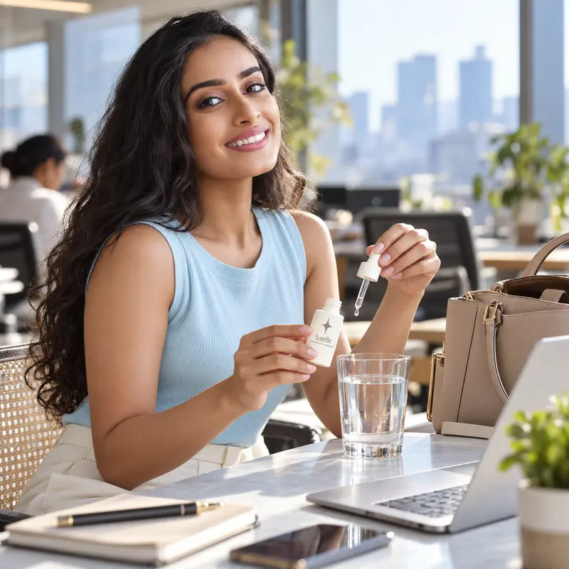 A smiling woman at a desk adds drops from a bottle into a glass of water.