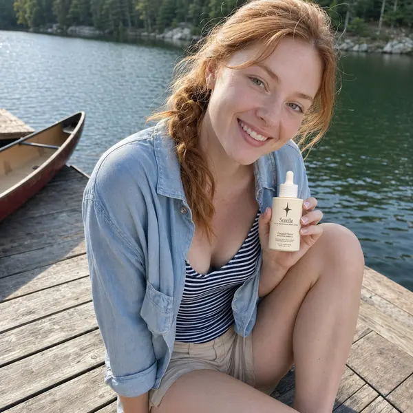 A smiling woman with red hair sits on a wooden dock by a lake, holding a small bottle.