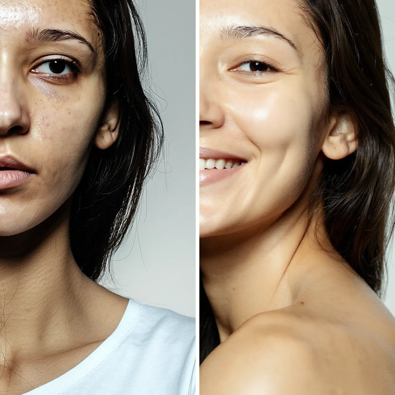 Side-by-side comparison of a woman's face before and after skincare treatment.
