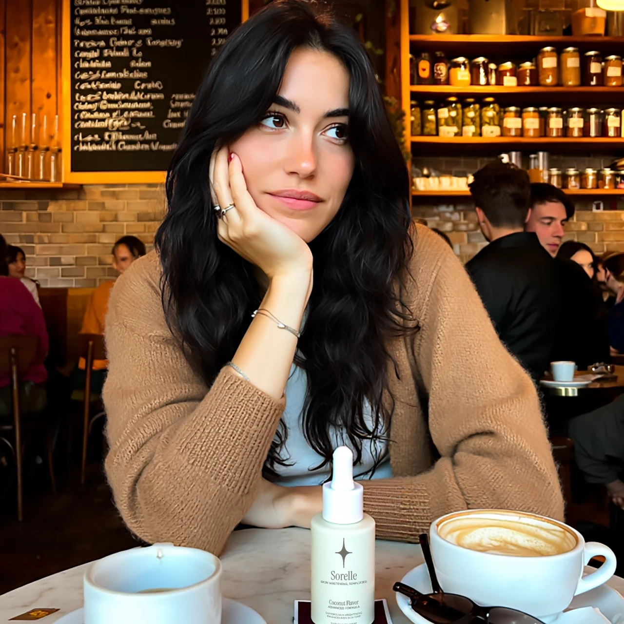 Woman sitting in a cafe with coffee and skincare product on the table.