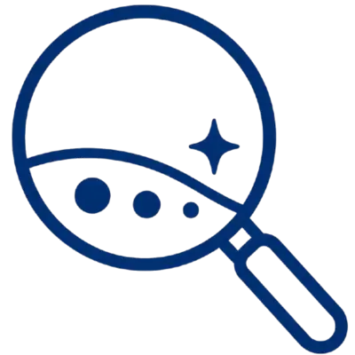A blue icon of a magnifying glass with bubbles and a sparkle inside the lens.