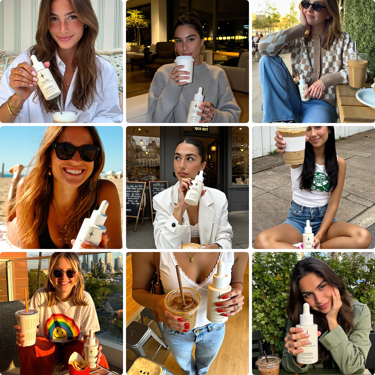 Collage of people holding skincare bottles and drinks in various settings.