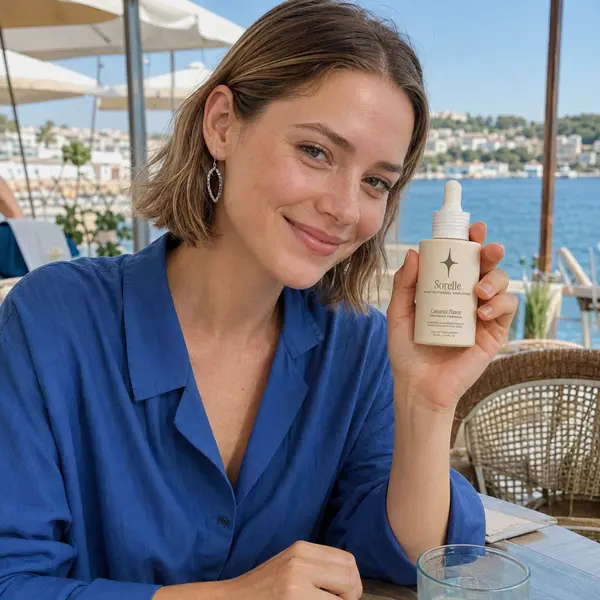 A woman in a blue shirt smiles while holding a bottle of Sorelle serum at a seaside table.