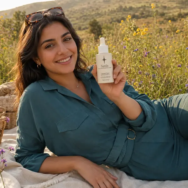 A smiling woman in a teal jumpsuit lies on a blanket in a field holding a white dropper bottle.