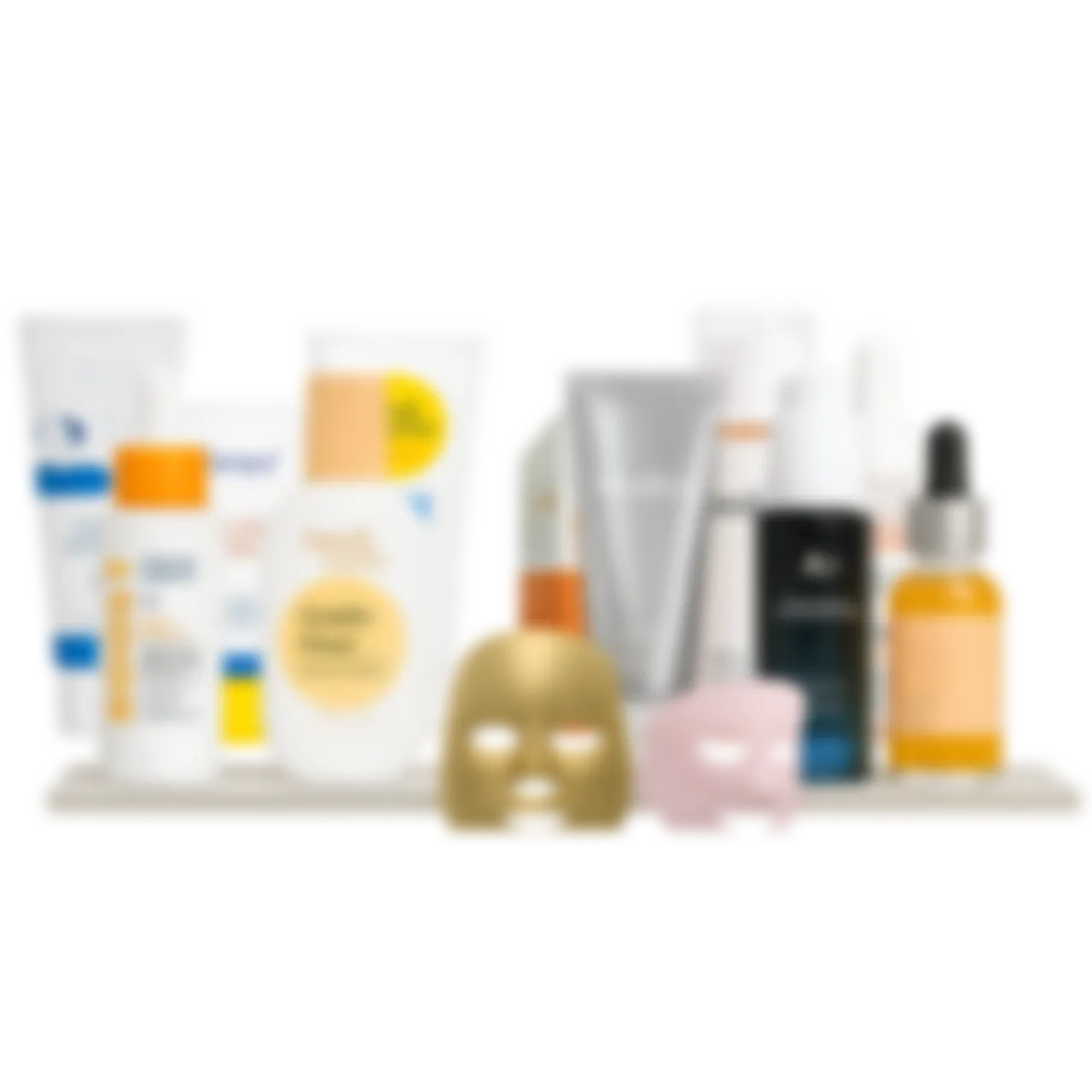 Blurred image of various skincare and cosmetic products.