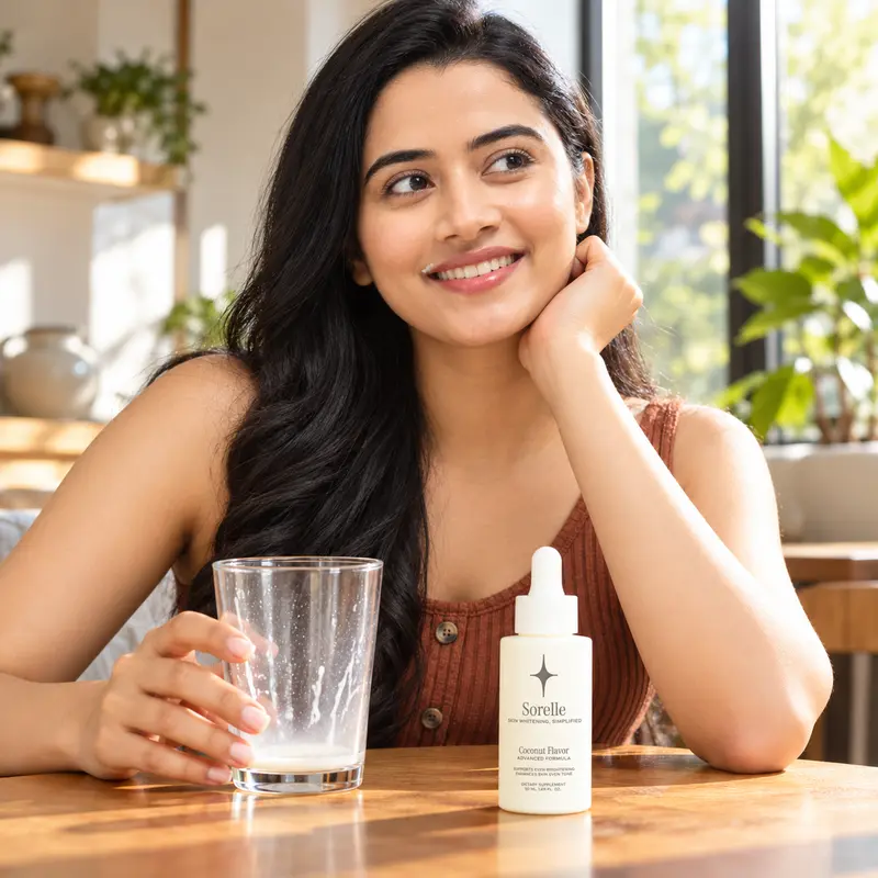 A smiling woman with a milk mustache holds a glass next to a white bottle on a table.