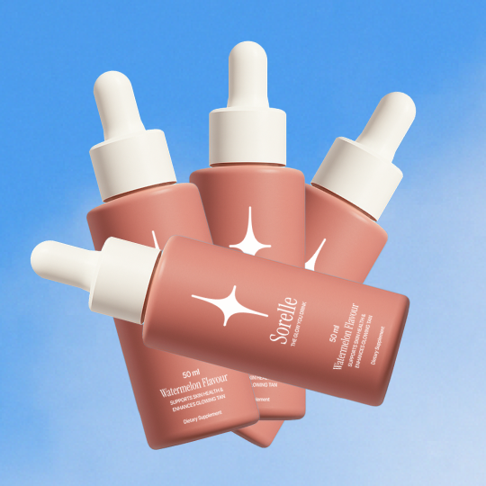 Four pink dropper bottles labeled 'Sorelle' against a blue background.
