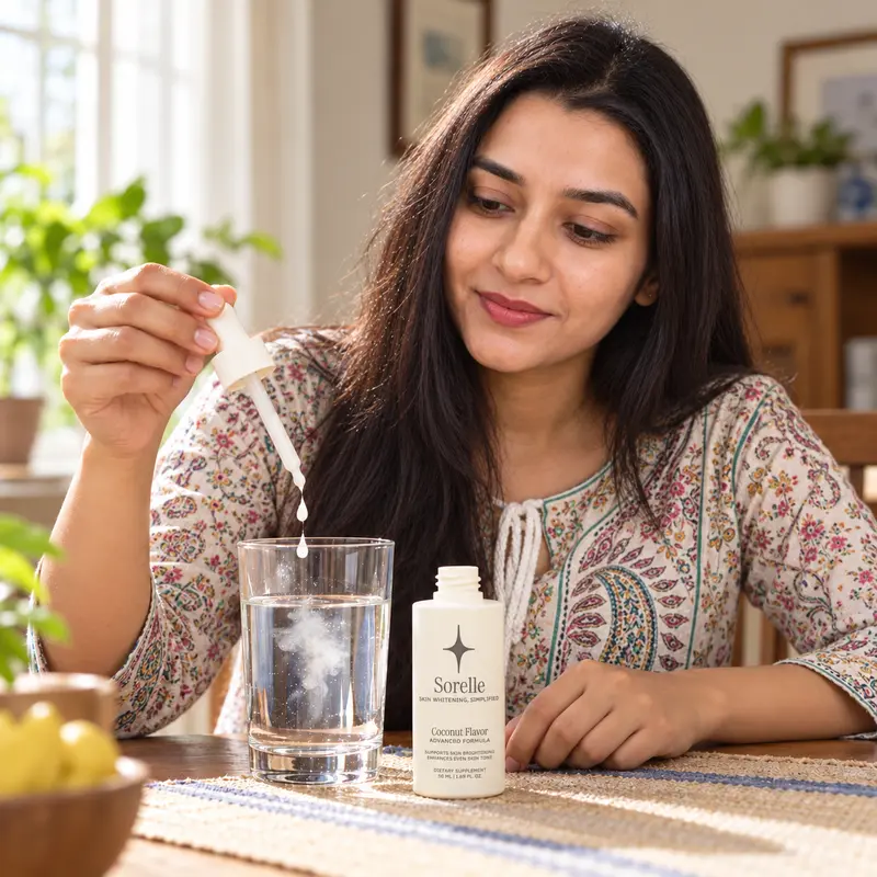 A woman adds drops of a white liquid from a dropper into a glass of water at a table.