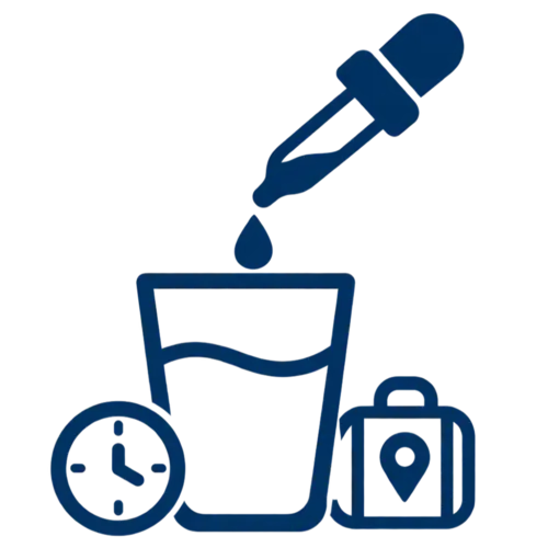 A blue icon showing a dropper, a glass of water, a clock, and a suitcase with a location pin.