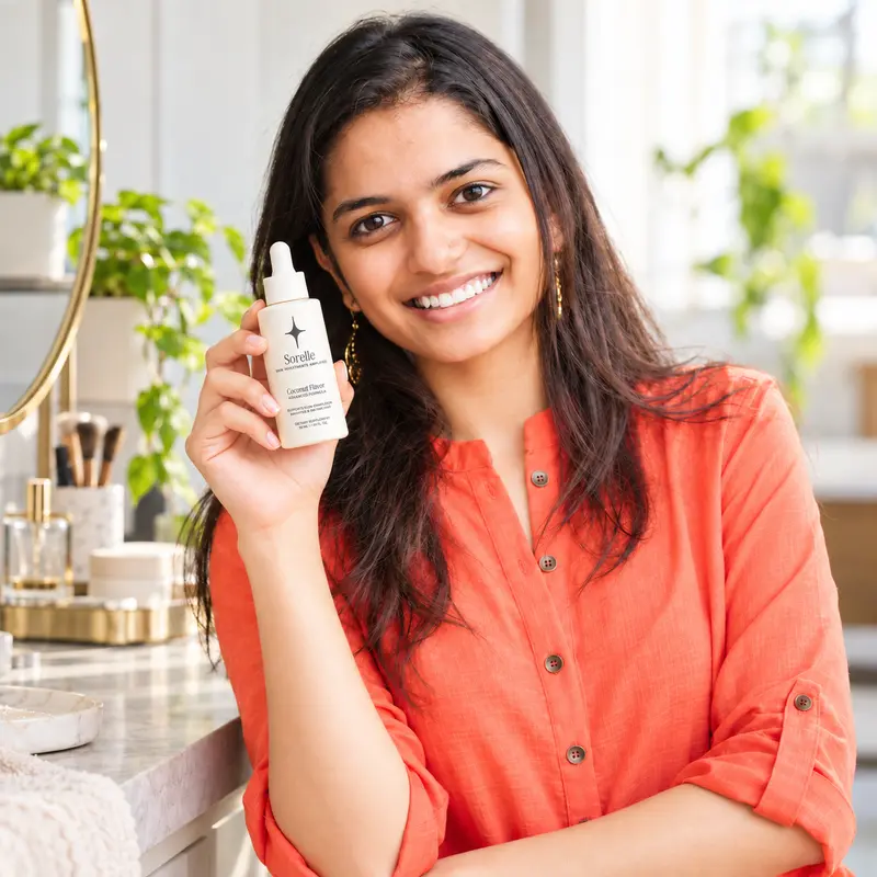 A smiling woman in an orange shirt holds up a small white bottle with a dropper.