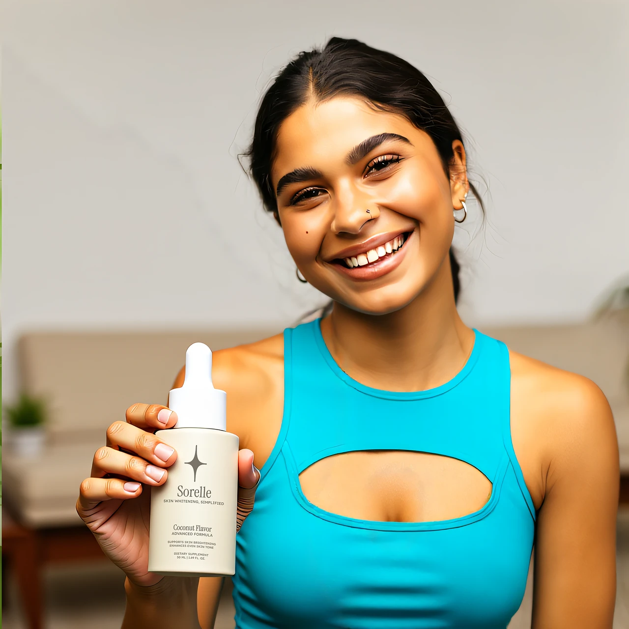 Smiling person holding a skincare product bottle, wearing a blue top.
