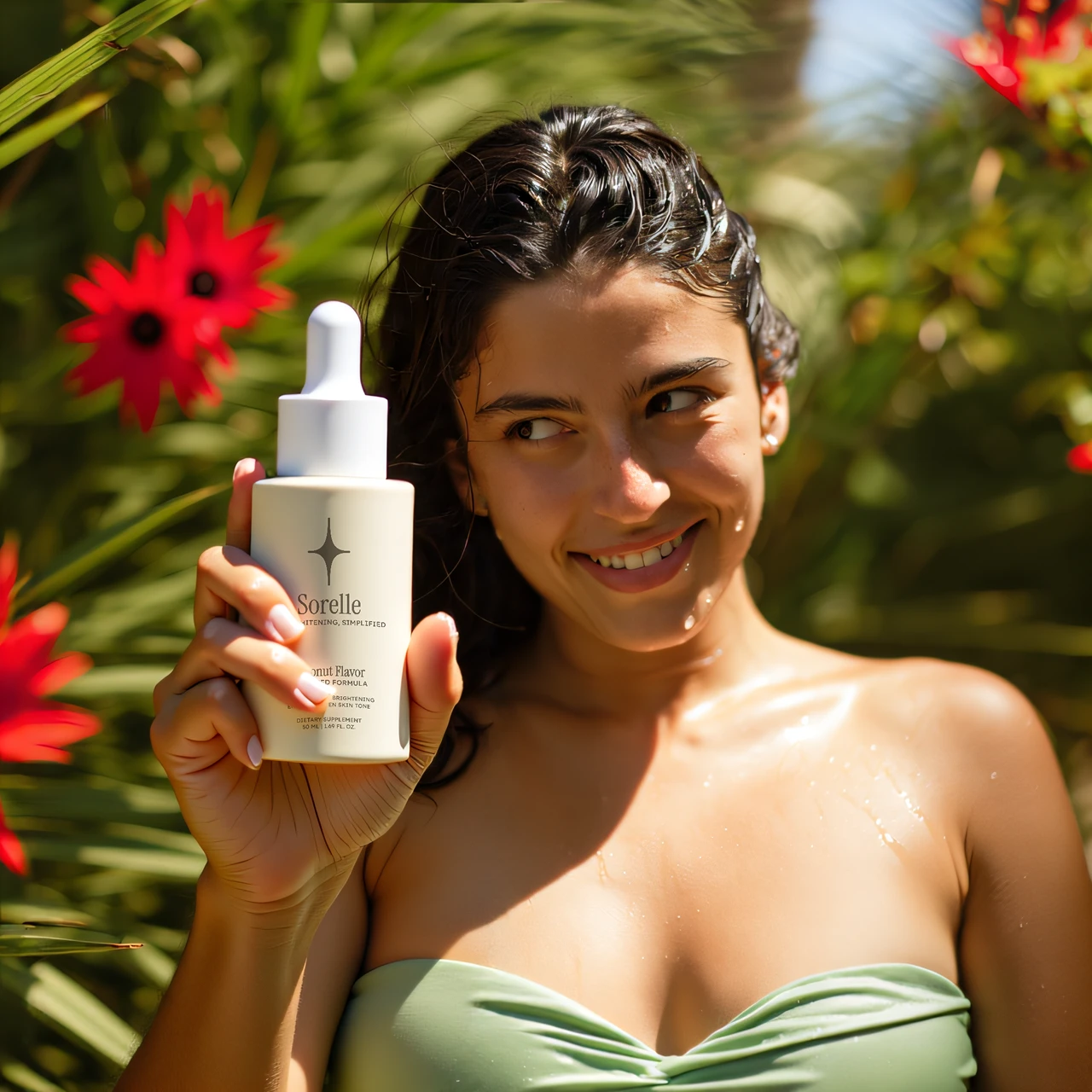 Woman holding a skincare product bottle outdoors with red flowers.