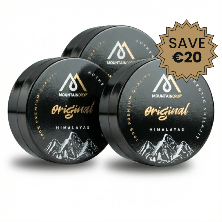 Three black containers of Mountaindrop original Altai shilajit, with a 'Save €20' sticker.