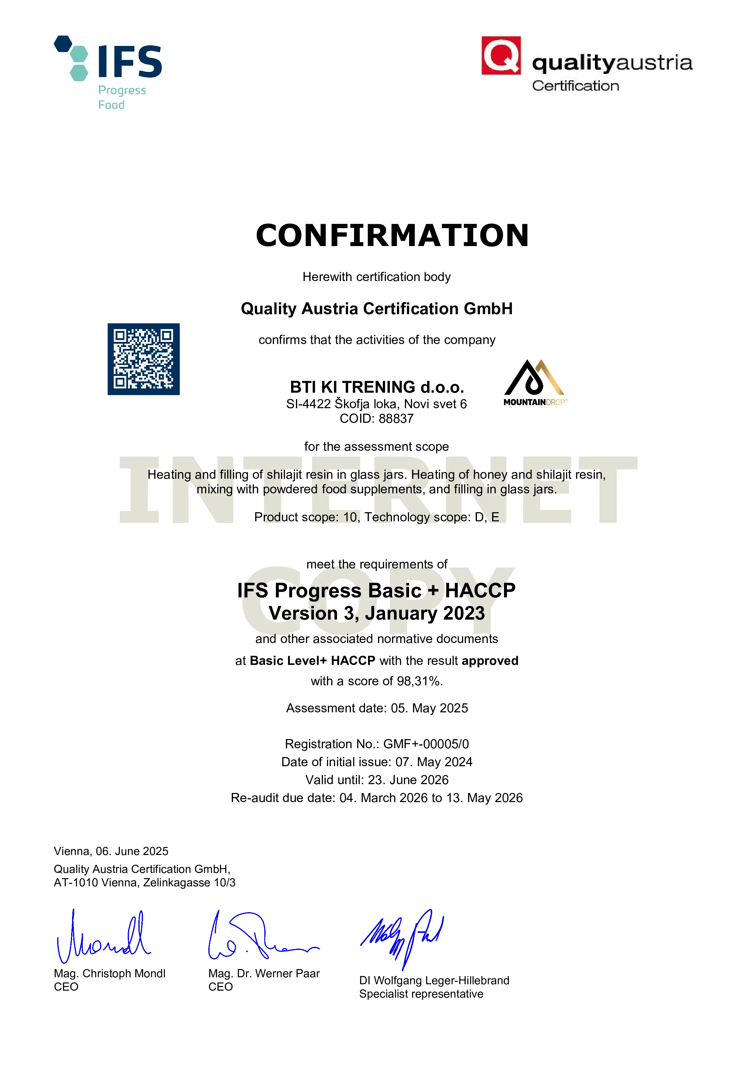 Certificate from Quality Austria for BTI KI TRENING d.o.o. with signatures and logos.