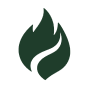 A stylized dark green flame icon with a white swoosh through the middle.