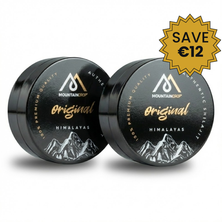 Two black jars of Mountaindrop Original Shilajit with a 'Save €12' promotional badge on a black background.