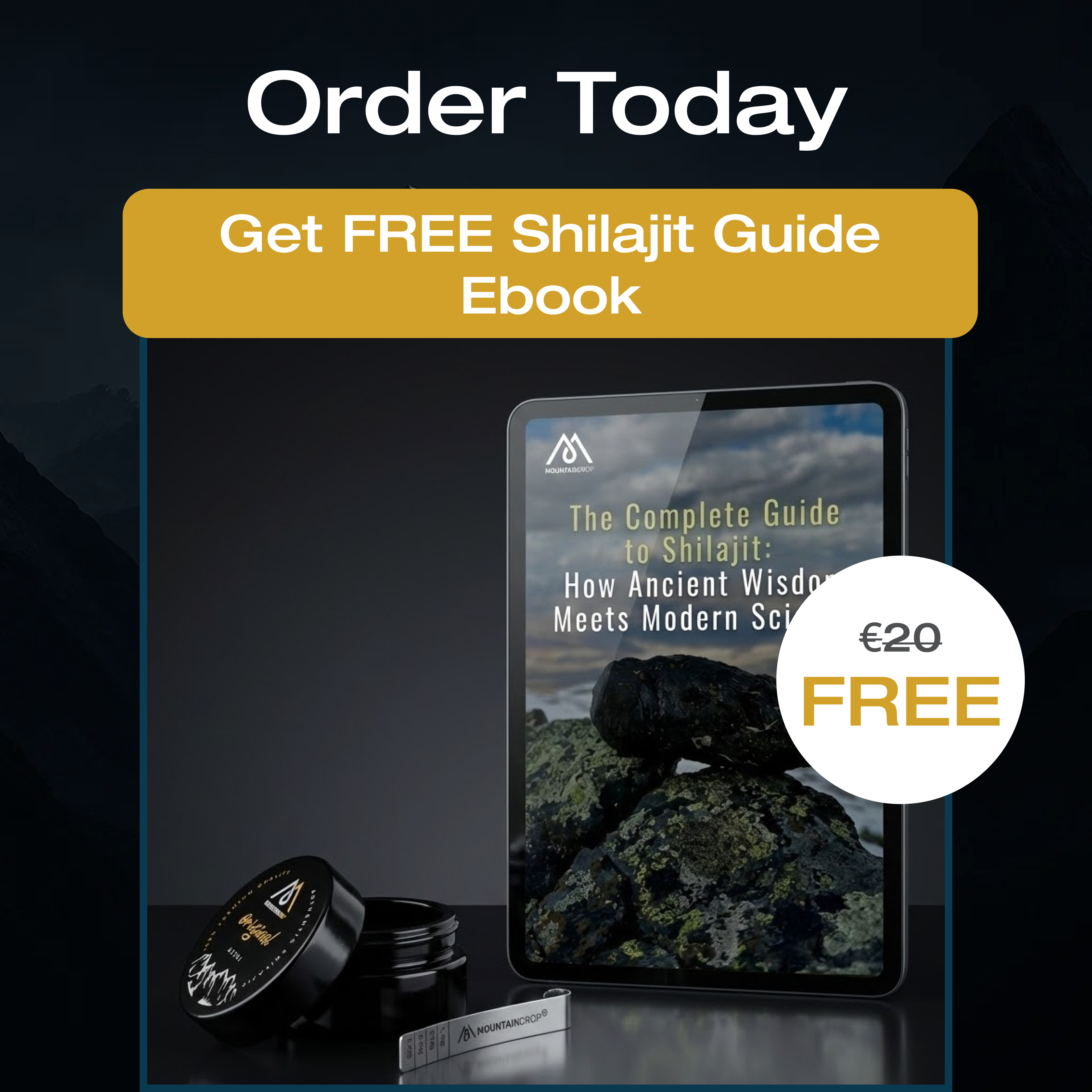 Advertisement for a free Shilajit Guide Ebook, shown on a tablet next to a jar of product.