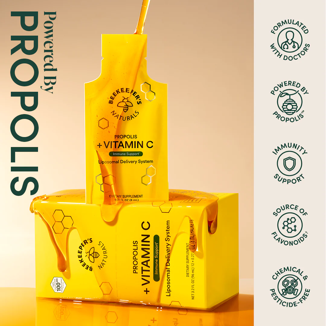 Yellow product packaging with propolis and vitamin C, honey drips, hexagonal symbols, and health-related icons.
