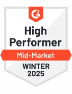 Badge labeled 'High Performer Mid-Market Winter 2025' with G2 logo.