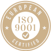 European ISO 9001 certified badge in beige and white.