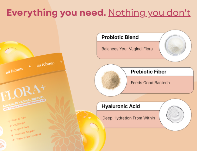 Flora+ vaginal support product with probiotic, prebiotic, and hyaluronic acid benefits highlighted.