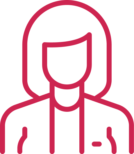 Red outline of a person with shoulder-length hair, wearing a jacket.