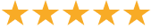 Five gold stars in a row on a transparent background.