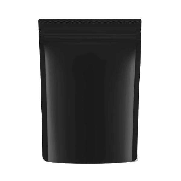 Black stand-up pouch with a zipper closure.