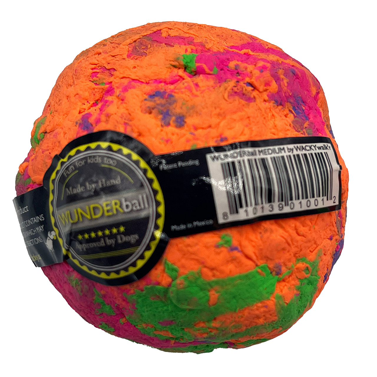 Colorful textured ball with a label, featuring orange, pink, and green patches.