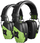 Two black and green over-ear headphones displayed side by side.