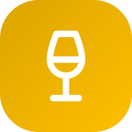 A white icon of a wine glass on a golden-yellow rounded square background.