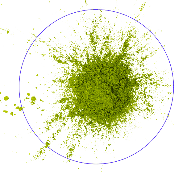 A pile of green powder splattered within a blue circle on a white background.