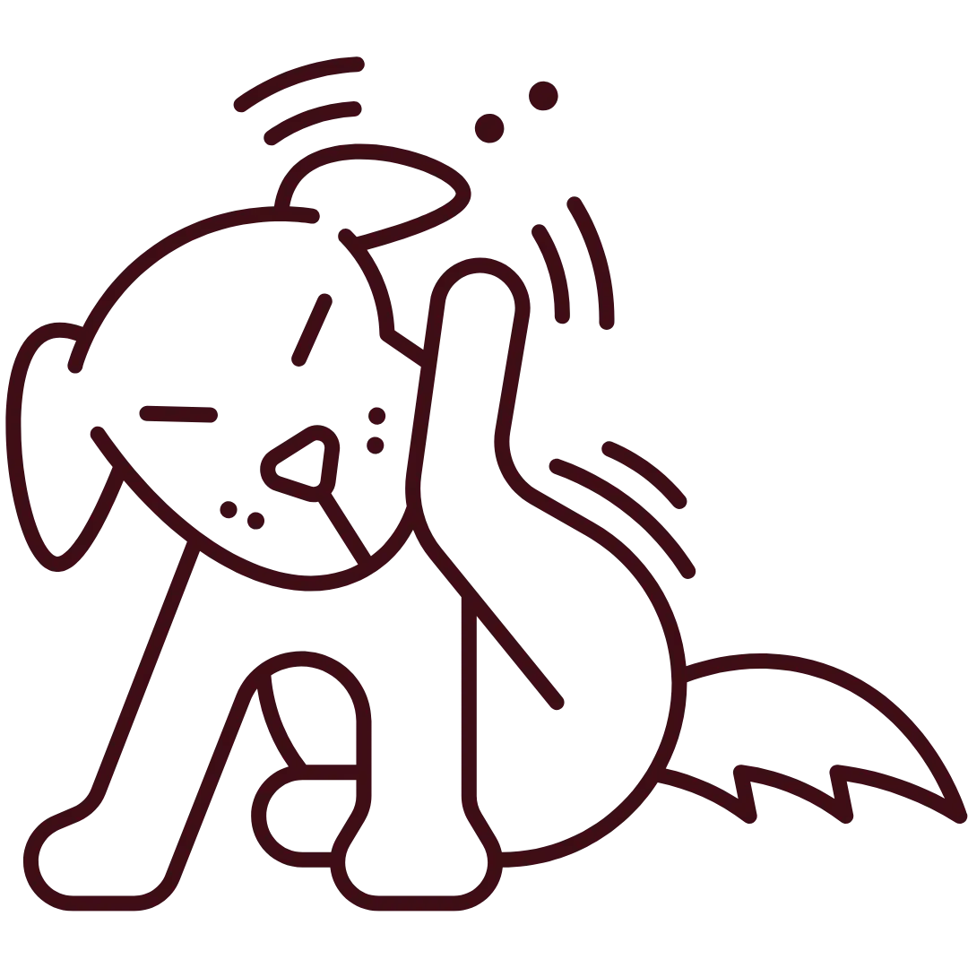 Line drawing of a dog scratching itself.