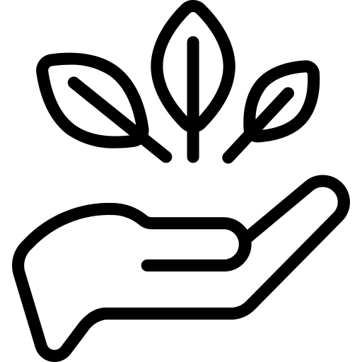 A line art icon of an open hand with three leaves floating above it.