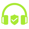 Green headphones icon with a checkmark inside, indicating protection or approval.