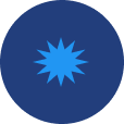 Blue starburst icon on a dark blue circular background.
