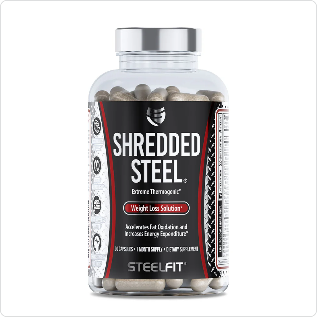 A clear bottle of Shredded Steel weight loss supplement capsules against a white background.