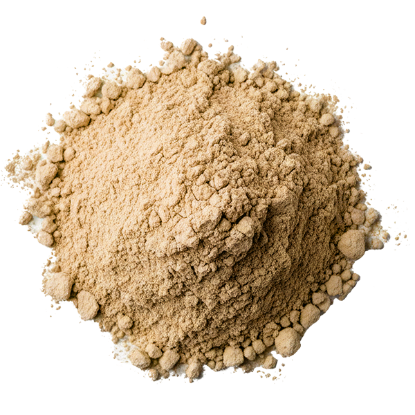 Pile of light brown powder on a white background.