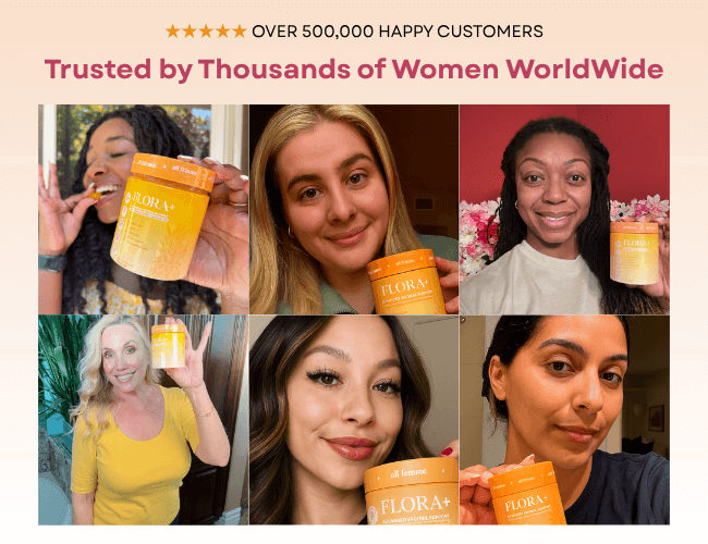 Collage of six women holding Flora+ supplement containers, with text about customer satisfaction.