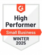 Badge labeled 'High Performer Small Business Winter 2025' from G2.
