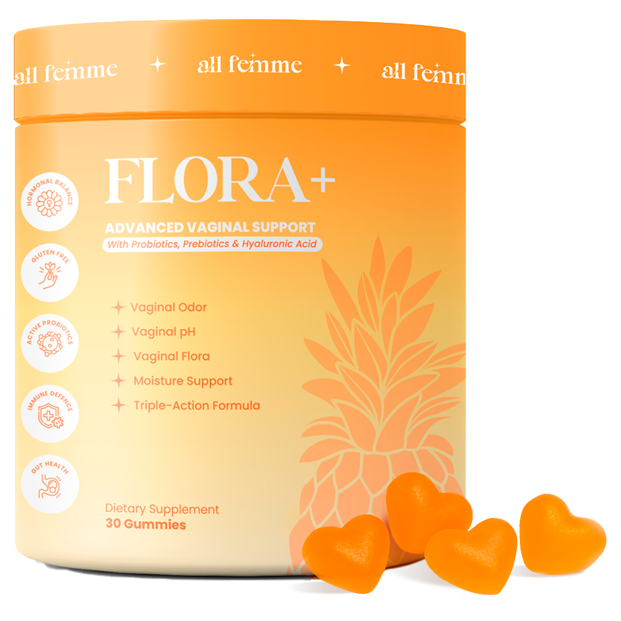 Orange container of Flora+ gummies with heart-shaped supplements.