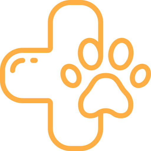Orange outline of a cross with a paw print inside.