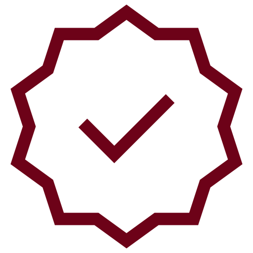A dark red outline of a checkmark inside a multi-pointed starburst shape.