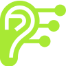 Green stylized ear graphic with circuit-like elements.