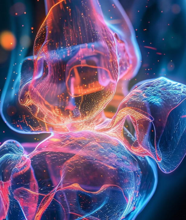 Abstract colorful shapes with glowing neon lines and particles.